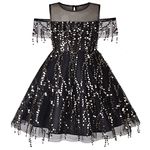 Sunny Fashion Girls Dress Black Tassel Sparkle Sequin Off Shoulder Party Sleeveless Age 12 Years
