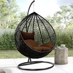 OMCCO Single Seater Swing Chair with Stand & Cushion Outdoor Indoor Balcony Garden Patio,Powder Coated Frame,UV Protected Wicker,Premium Cushion(Brown)