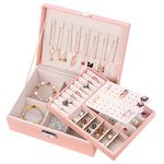 Januts Jewellery Box Organiser Jewelry Storage Case for Women Girls PU Leather 2 Layers Large Jewellery Case for Rings Earrings Necklaces Bracelets Jewellery Holder with Removable Tray, Pink