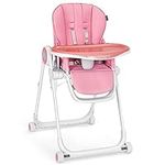 COSTWAY Folding Baby High Chair, Adjustable Infant Reclining Chairs with 5 Point Harness, 4 Lockable Wheels, Removable Double Trays and Cushion, Highchair for Toddler from 6-36 Months (Pink)