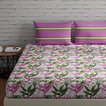 Huesland by Ahmedabad Cotton 144 TC Cotton Bedsheet for Double Bed King Size with 2 Pillow Covers | 9ft x 9ft | Flamingos & Stripes Pink & Green