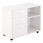 HOMCOM Freestanding Printer Stand Unit Office Desk Side Mobile Storage w/Wheels 3 Drawers, 2 Open Shelves Modern Style 80L x 40W x 65H cm - White