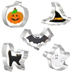 Crethinkaty Halloween Cookie Cutter Set, 5Piece Biscuit Cookie Cutter Set,Pumpkin, Bat, Ghost, Witches Hat, Stainless Steel Cutter for Halloween Decoration