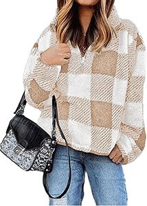 BTFBM Women Sherpa Pullover Quarter Zip Long Sleeve Fluffy Soft Fleece Jackets Sweaters Sweatshirts Hoodies Outwear Coat (Plaid Apricot, Large)