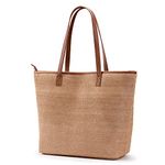 KALIDI Straw Tote Beach Bag Striped Shoulder Handbag Stitch Woven PU Leather Handle Zipper Closure Inner Pocket Travel Shopping Picnic