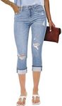 luvamia Women's Casual High Waist Ripped Capri Jeans Cool Blue High Waist Jeans for Women Womens Capri Jeans Ripped Jeans for Teen Girls Size Small Fits Size 4 / Size 6