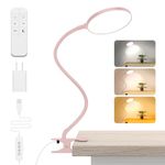 Reading Light with Remote, LED Desk Lamp Clip on [1H Timer & Nightlight] RA>95 Dimmable Flexible Gooseneck, USB Reading Lamp Clamp for Table - 4.7'' (Adapter Included) -Pink