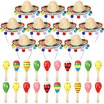 Jexine 30 Pcs Mini Sombrero Fiesta Hats Wooden Fiesta Maracas Set, with 10 Mexican Sombrero Headbands 20 Pcs 4.3 Inch Wooden Fiesta Maracas Mini Sombrero Hats Straw Mexican Sombrero for Kids Dolls