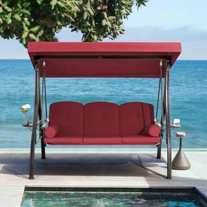 HOMREST 3-Seat Outdoor Porch Swing with Adjustable Canopy and Backrest, Patio Swing Chair with Weather Resistant Steel Frame,Comfortable Cushions for Balcony,Garden,Deck and Poolside(Wine Red)