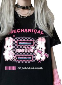 RILGOU Harajuku Kawaii Fashion Pastel Goth Casual Style Soft Crewneck Cartoon Mechanical Bunny Print T-Shirt L Black