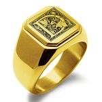 Gold Plated Stainless Steel Letter D Alphabet Initial Floral Box Monogram Engraved Square Flat Top Biker Style Polished Ring, Size 15.5