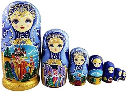 Set 7 Pcs Fairy Tale Blue Gold Glazed Toddler Doll Wooden Stacking Toy Traditional Russian Nesting Dolls Handmade Matryoshka Doll Kids Toy Souvenir