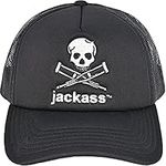 Concept One MTV Jackass Embroidered Skull and Crutches Logo Adjustable Cotton and Mesh Trucker Hat with Curved Brim, Black, One Size, Black, One Size