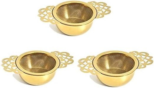 3 Pieces Gold Empress Tea Strainers with Drip Bowls, Mesh Tea Infuser Stainless Steel Loose Leaf Tea Filter with Elegant Double Winged Handles for Better Tea Experience