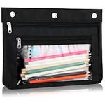 Pencil Case for 3 Ring Binder, Pencil Case with Zip, Expandable Three Rings, Transparent Pencil Case, Large Capacity Pen Holder Case for School, Home and Office (Black), black, Pack sack