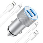 ARCCRA 2-Port iPhone Car Charger Adapter and 2x Lightning Cables, 12W (5V2.4A) Cigarette Lighter USB Charger with 1m Cables for iPhone, 12V/24V USB Socket, Compatible with iPhone 14/13/12/11/SE, iPad