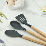 10club Silicone Spoon, Slotted Turner and Spatula with Wooden Handles for Kitchen | Silicone Spatula Set of 3 | BPA Free | High Heat Resistance Upto 230℃ | Black | Silicone Spatula for Kitchen