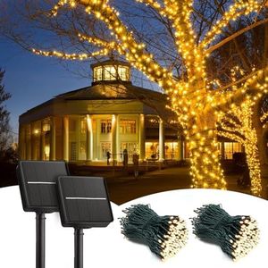 TheaPro Solar Fairy Lights Outdoor, 2 Pack 12M/39FT Total 24M/79FT 200 LEDs Christmas String Lights with 8 Lighting Modes IP65 Waterproof for Outside Tree Party - Warm White