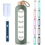 PROBTTL 32 Oz Borosilicate Glass Water Bottle with Time Marker Reminder Quotes, Leak Proof Reusable BPA Free Motivational Water Bottle with Silicone Sleeve and Bamboo Lid (Olive)