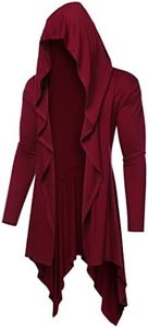 COOFANDY Long Hooded Cardigan Ruffle Shawl Collar Open Front Lightweight Drape Cape Overcoat with Pockets Wine Red