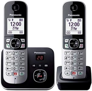 Panasonic KX-TG6862JTB - Teléfono inalámbrico digital con contestador telefónico digital, unidad base y 2 receptores, ID de llamada, bloqueo de llamadas, bloqueo de llamadas automáticas, pantalla LCD,