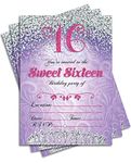 Sweet 16 Sixteen Birthday Party Double Sided Purple Invitations, Set of 25 5x7 Girl's 16th Birthday Invitations Includes Envelopes