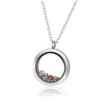 PiercingJ Living Memory Floating Locket Pendant Necklace Polished Round Stainless Steel Memorial Keepsake Glass Locket Necklace for Women, Free 12pcs Cubic Zirconia Birthstone, Stainless Steel