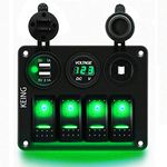 4 Gang Waterproof Rocker Switch Panel Green Backlit 12V 24V LED Digital Voltmeter Dual USB Charger 12v Flush Car Charger Adapter Socket Overload Protection Switch Panel Widely Fits for Cars RVs Boats