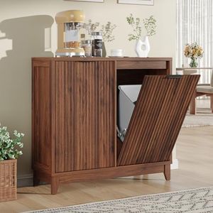 Double Tilt Out Trash Can Cabinet with Odor Control, Outlets, Fluted Trash Cabinet 13 Gallon Hidden Bin Storage, Modern Kitchen Cabinet with Soft-Close Door, Laundry Hamper Cabinet for Bathroom