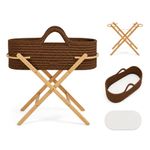 Ickle Bubba Nova Moses Basket with Stand & Mattress – Foldable Baby Bassinet for Newborn (0–9kg), Crochet Moses Basket, Portable Infant Bed, Safe Raised Sleeper for Home & Travel (Mocha/Pine)
