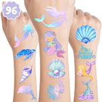 Mermaid Temporary Tattoos -12 Sheets (96PCS) Perfect Under the Sea Birthday Party Decorations and Cute Party Favors for Kids Girls Boys Ideal Classroom School Prizes Themed Stickers for Unforgettable Celebrations