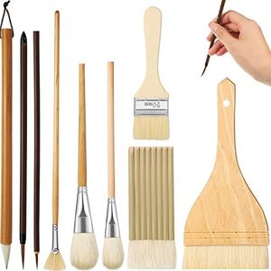 Geelin 9 Pcs Pottery Glaze Brushes Ceramic Brushes Set Different Shapes Glaze Brushes for Pottery Acrylic Watercolor Wool Bristle Art Paintbrush Sets for Painting Artists Rock Students Adults Kids