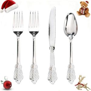 WDF 200 Pieces Silver Plastic Silverware Disposable - 50Guests Silverware Plastic Cutlery - Disposable Utensils Includes 100 Forks, 50 Spoons, 50 Knives Perfect for Wedding or Party