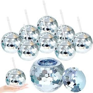Breroa 8 Pieces 70s Disco Flash Ball Drinks Cups with Lid and Straw 20 Ounce Disco Party Cups 1970s Mirror Disco Cocktail Cups Sparkly Glitter Disco Bar Party Supplies, Silver