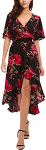 Kormei Womens Short Sleeve Floral High Low V-Neck Flowy Party Long Maxi Dress, Black/Red, Medium