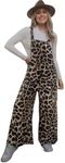 OYOANGLE Women's Leopard Print Strap Bib Overalls Sleeveless Straight Leg Long Jumpsuits with Pocket Khaki Large