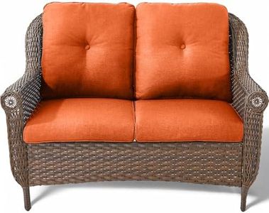 ACTREST Patio Loveseat Outdoor Wicker Sofa - Heavy Duty All-Weather Brown Rattan 2-Person Sofas with High Back and Comfortable Thick Cushions for Garden Back Porch Poolside Apartment - Orange