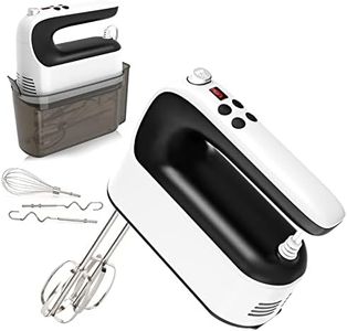 Yomelo 9-Speed Digital Hand Mixer Electric, 400W Powerful DC Motor, Baking Mixer Handheld with Snap-On Storage Case, 5 Stainless Steel Accessories, Flat Beaters, Dough Hooks, Whisk (White & Black)