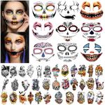 50 Sheets Halloween Temporary Tattoo, Halloween Face Zombie Makeup Temporary Tattoos Fake Death Skull Skeleton Tatoos for Women Men, Pumpkin Ghost Fake Wound Scars for Boys and Girls