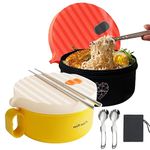 Microwave Ramen Bowl Set Noodle Bowls with Lid Speedy Ramen Cooker in Minutes BPA Free and Dishwasher Safe for Office College Dorm Room Instant Cooking (Red & Yellow)