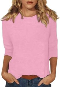 Generic Womens 3/4 Sleeve Tops Crewneck Plus Size Loose Fit Tops Solid Color Casual 3/4 Length Sleeves Blouse Summer Comfy Shirts, X-Large, 04-pink