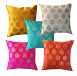 PINK PARROT Jacquard Silk Multi Colour Square Cushion Cover 16X16 Inch-Set 5 Pcs, 150 Tc