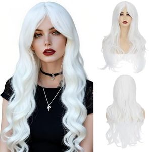 S-noilite White Wig Long Wavy Cosplay Wig with Bangs 26 inch Heat Resistant Synthetic Hair Wigs for Girls Women's Anime Cosplay Halloween Costume Party