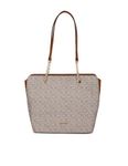 Calvin Klein Women's Hailey Signature Top Zip Chain Tote, Textured Almond/Taupe/Caramel Linear, One Size