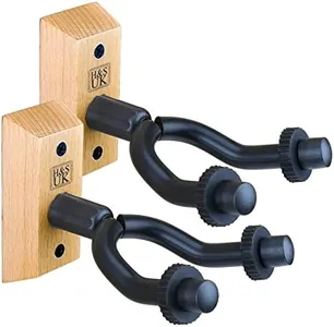 H&S Wall Mount Guitar Holder Hooks with Wood Base - Pack of 2 Wall Hangers for Bass, Electric, & Acoustic Guitars - Wall Mounted Guitar Hanger Stand with Rubber Handles