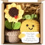 ONECOCOA Positive Mini Potato Funny Gifts, 2PCS Emotional Support Sunflower Pot Desk Decoration Crochet Birthday Gifts for Women Mom Best Friend (Sunflower & Pineapple-Yellow)