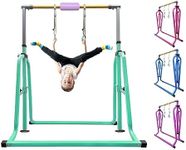 kechery Foldable & Moveable Gymnastics Horizontal Bar with Rings,3’to 5’Adjustable Height Expandable Junior Kip Bar for Home,Indoor Gym Equipment for Kids(Foldable Green with Rings)