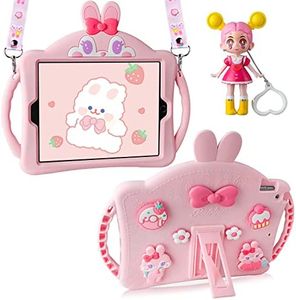 VOFUOE for iPad 9th 8th 7th Generation Case for iPad 10.2 Case with Dolls Shoulder Straps, Cute Rabbit Soft Silicone Tablet Cases Kids Girls for iPad 9th/8th/7th Generation 10.2'' 2021 2020 2019-Pink