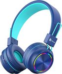 iClever BTH03 Kids Headphones Wireless, Colorful LED Lights Kids Bluetooth Headphones with MIC, 25H Playtime, Stereo Sound, Bluetooth Childrens Headsets Foldable On Ear for Study Tablet Airplane, Blue