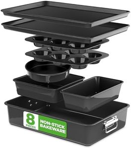 NutriChef 8-Piece Stackable Nonstick Bakeware Set - Premium Steel Baking Tray Set - Includes Round Cake Pan, 6-Cup Muffin Pans, Wide/Square Brownie & Loaf Pans, Cookie Sheet, & Roaster Pan (Black)